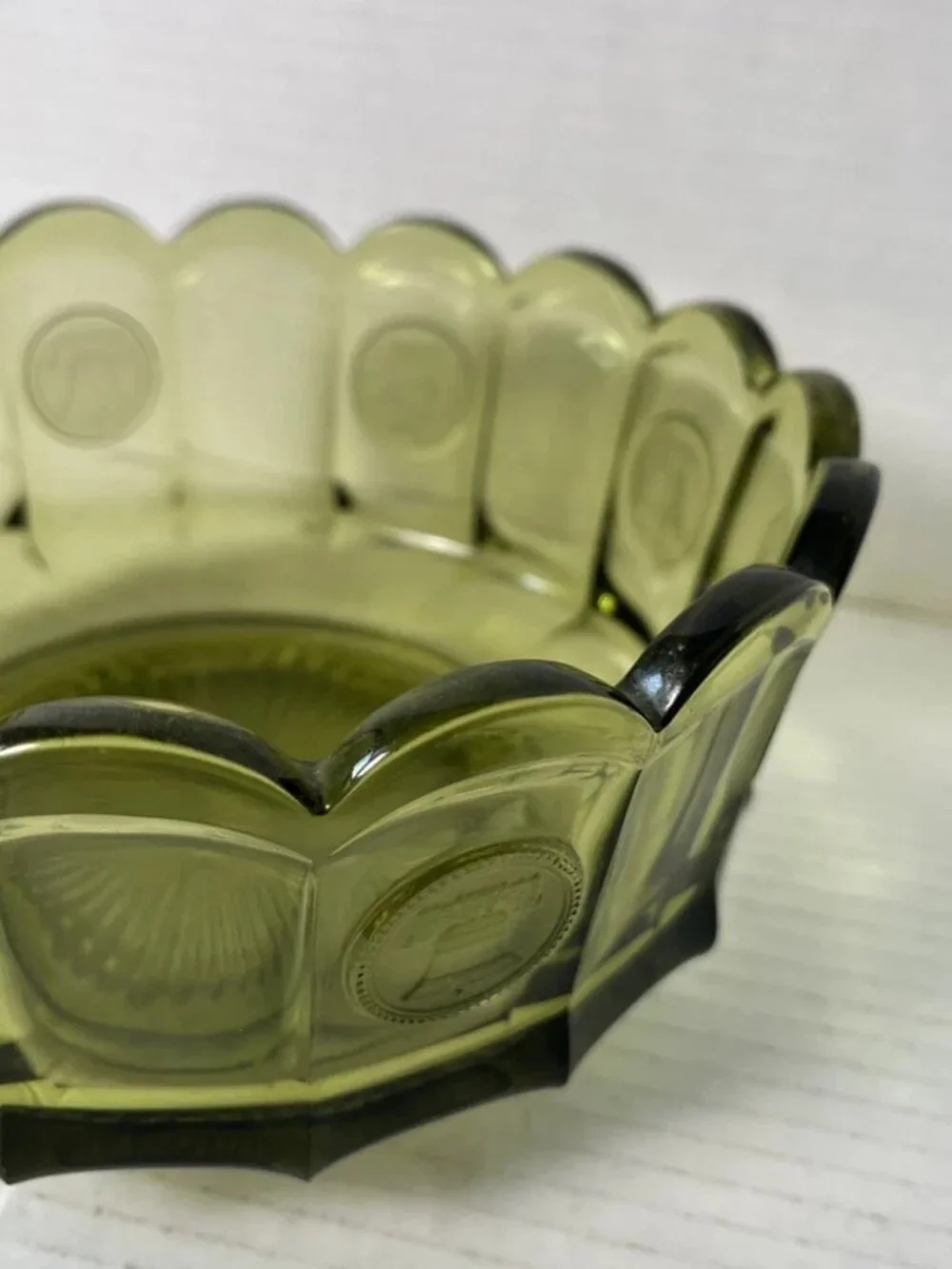 Vintage Fostoria Coin Glass Olive Green Large Bowl 7.25”